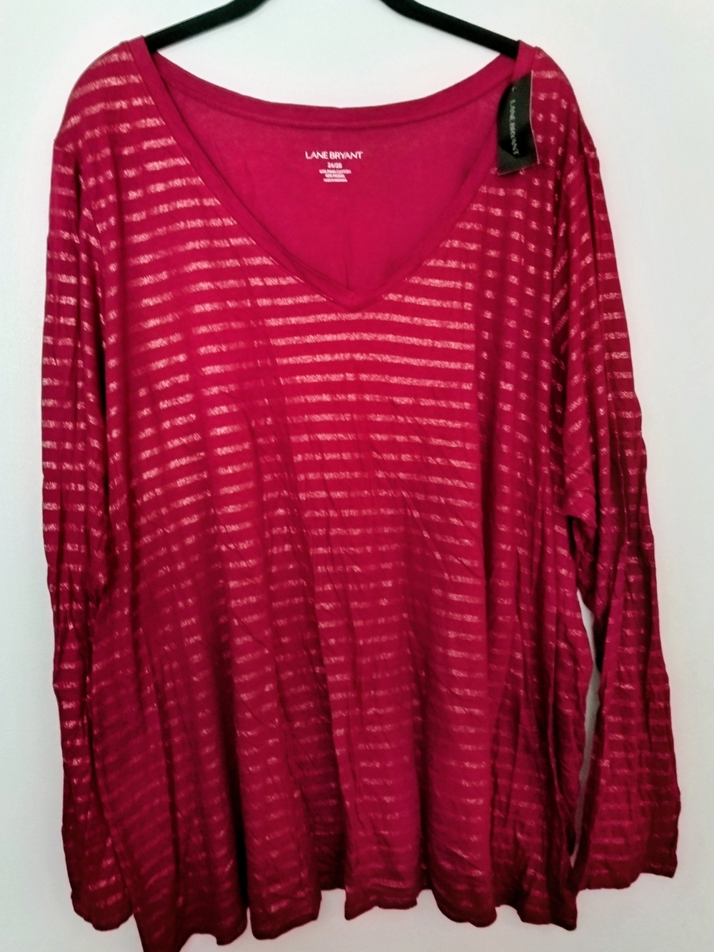 Lane Bryant Long Sleeve V-Neck Top - Raspberry Stripe
